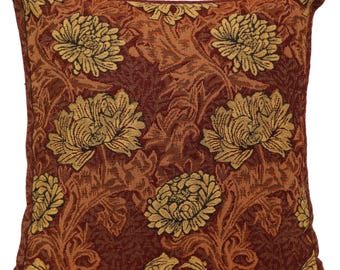 Chrysanthemum Brown Tapestry Pillow Cover 16x16 inch - Square Floral Cushion Cover - Woven Decorative Pillow case for Couch or Sofa