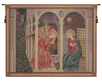 Annunciation with gold lurex European Wall Tapestry - Christians Wall Art - Woven Belgian Wall Tapestry - Ladies Religious Wall Hanging