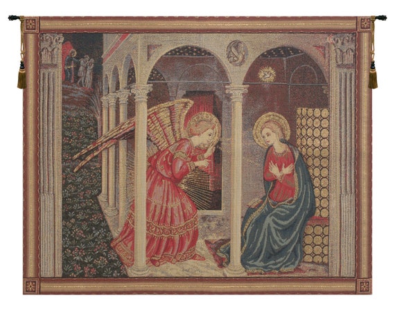 Annunciation Gold Lurex European Wall Tapestry - Christian Religious Art Hanging - Woven Belgian Decor