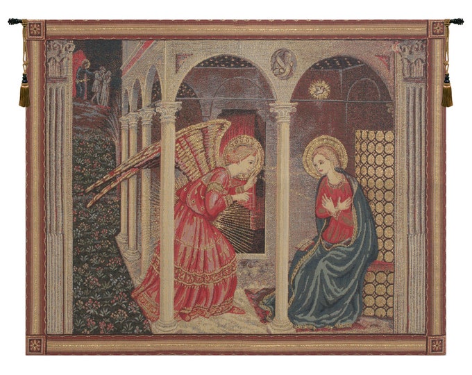 Annunciation Gold Lurex European Wall Tapestry - Christian Religious Art Hanging - Woven Belgian Decor