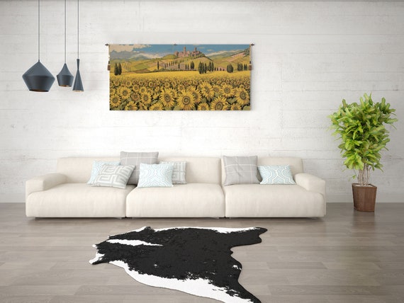 Elegant Tuscan Sunflower Landscape Jacquard Tapestry: Italian Countryside Wall Art Decor (25x53 inch)