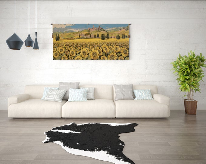 Elegant Tuscan Sunflower Landscape Jacquard Tapestry: Italian Countryside Wall Art Decor (25x53 inch)