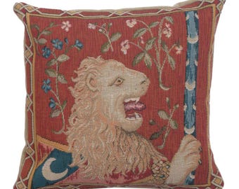The Medieval Lion Cushion Cover | Goblin Sofa Throw Cushion Cover | 14x14 inch French Pillow Cover | Tapestry Animals Art Cushion Cover