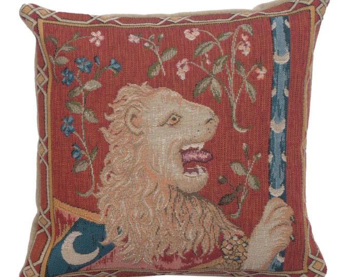 Medieval Lion Tapestry Cushion Cover | French Goblin Sofa Throw Pillow | 14x14 Inch Decorative Art