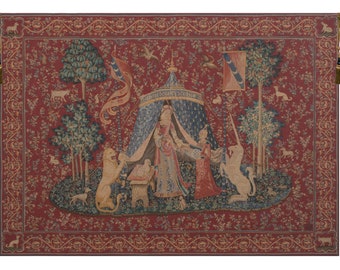 A Mon Seul Desir I European Wall Tapestry - Millefleurs Wall Tapestry - Lady and the Unicorn Wall Hanging - Animals Art French Wall Tapestry