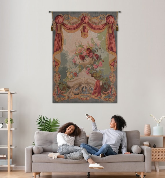 Elegant French Floral Jacquard Wall Tapestry: Woven Drape Fleuri Design for Living Room Decor
