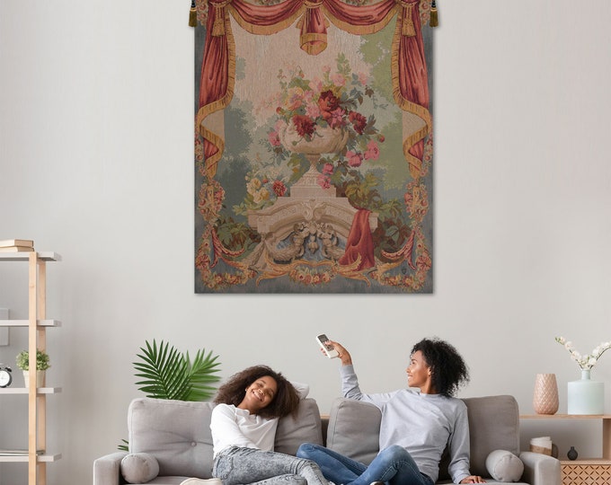 Elegant French Floral Jacquard Wall Tapestry: Woven Drape Fleuri Design for Living Room Decor