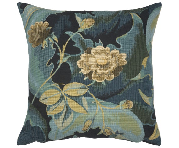 Belgian Woven Floral Tapestry Pillow Cover: Forest Green Jacquard Cushion (18x18 inch)