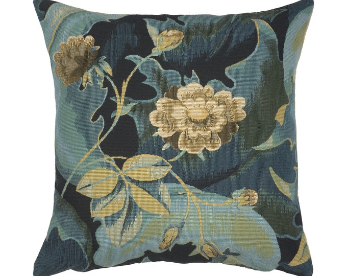 Belgian Woven Floral Tapestry Pillow Cover: Forest Green Jacquard Cushion (18x18 inch)