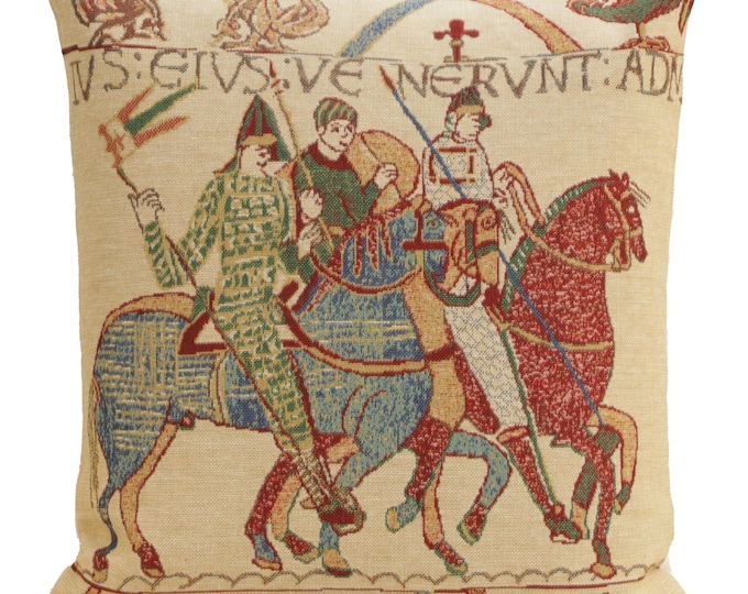 Bayeux Tapestry Pillow Cover: Mont St. Michel, Belgian Woven Throw Pillow (16x16 inch)