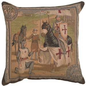 Medieval Templar Knight Jacquard Tapestry Cushion Cover - Woven Gobelin Decorative Pillow 19x19  inch