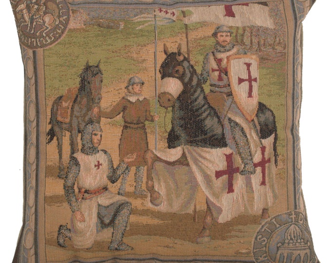 Medieval Templar Knight Jacquard Tapestry Cushion Cover - Woven Gobelin Decorative Pillow 19x19  inch