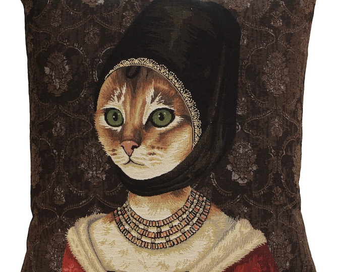 Cat with Hat Tapestry Pillow Cover: Belgian Jacquard, 18x18 inch