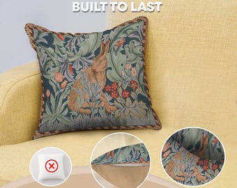 William Morris Rabbit Tapestry Cushion Cover: Jacquard Woven Cotton Pillow (14x14 inch)