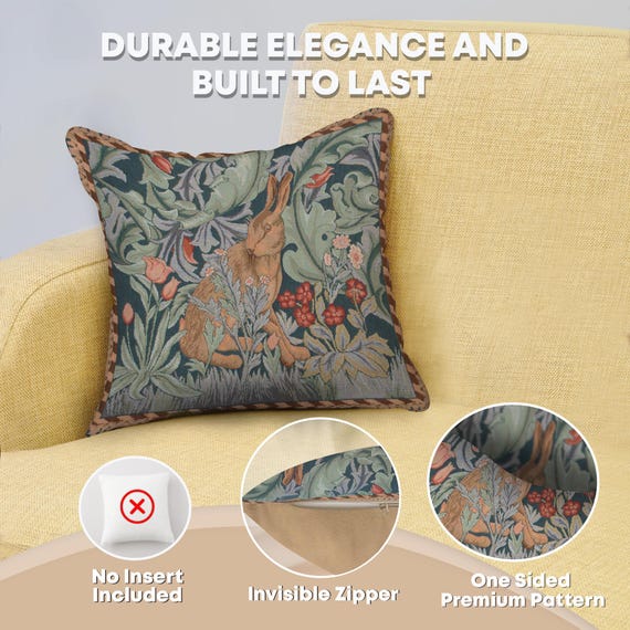 William Morris Rabbit Tapestry Cushion Cover: Jacquard Woven Cotton Pillow (14x14 inch)