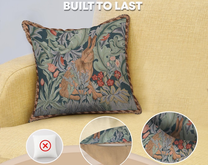 William Morris Rabbit Tapestry Cushion Cover: Jacquard Woven Cotton Pillow (14x14 inch)