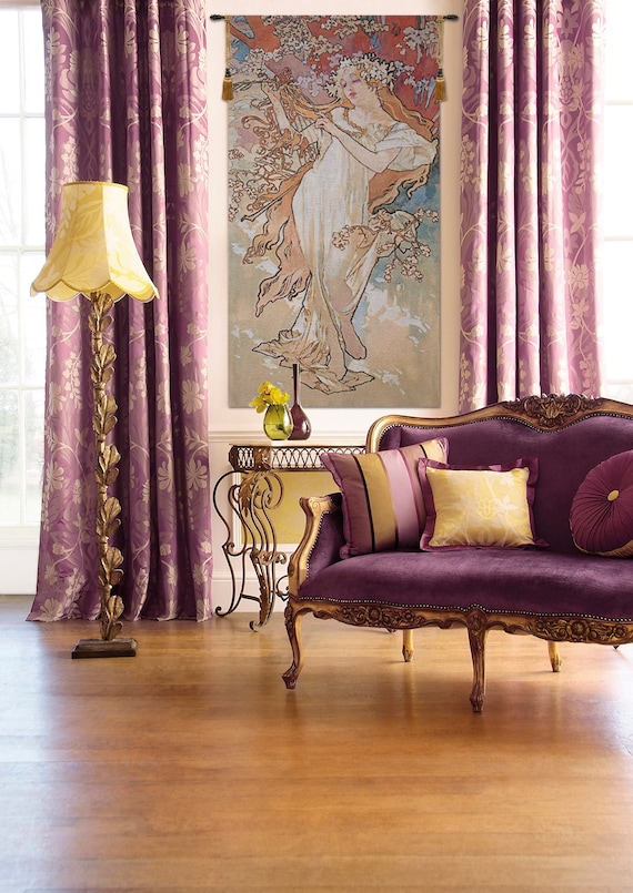 Elegant Spring Mucha-Inspired European Jacquard Wall Tapestry - Fine Art Hanging Decor with Young Lady