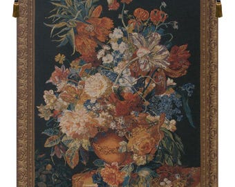 Terracotta Floral Bouquet Black European Wall Tapestry - Flower Bouquet Wall Art - Woven Tapestry Wall Art - Floral Fine Art Wall hanging
