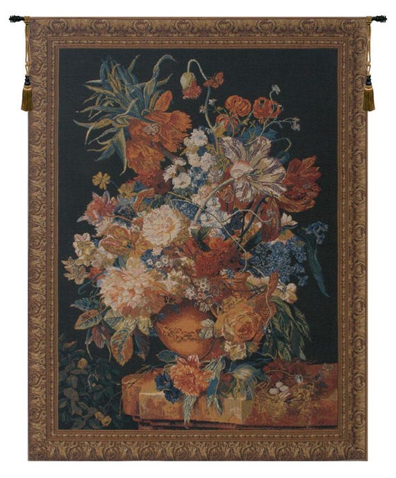 Floral Bouquet Wall Tapestry: Terracotta Flowers, Black European Art (65x50 inch)