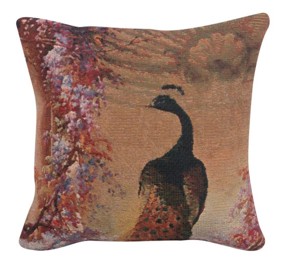 Peacock Tapestry Pillow Cover: Belgian Jacquard Woven Cotton (17x17 inch)