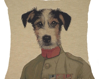 Thierry Poncelet Terrier Tapestry Throw Pillow Cover Dog in Military Dress 18x18-inch Cushion Covers