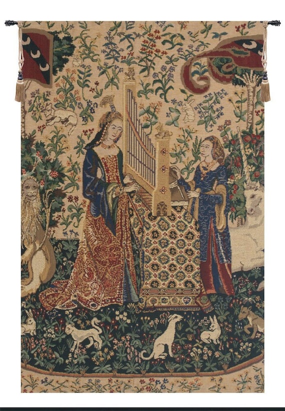 Lady and Unicorn Beige Woven Tapestry - Medieval Art Wall Hanging for Home Decor