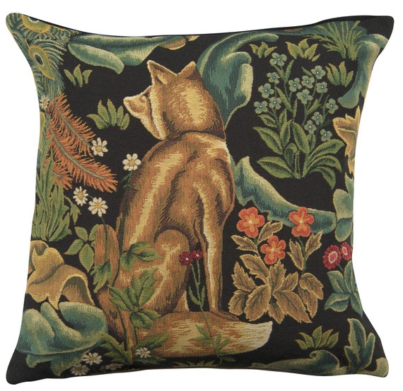 William Morris Black Forest Fox Tapestry Pillow Cover - 18x18 Belgian Woven Cushion Case