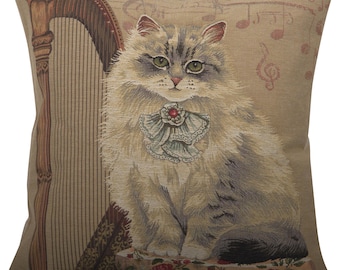 Belgian Jacquard Cat Playing Harp Tapestry Pillow Cover 18x18 inch - Decorative Animal Art Cushion