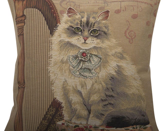 Belgian Jacquard Cat Playing Harp Tapestry Pillow Cover 18x18 inch - Decorative Animal Art Cushion