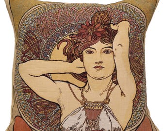 Mucha Amethyste Art Nouveau Tapestry Cushion Cover: Belgian Jacquard Throw Pillow 18x18 inch Precious Stones