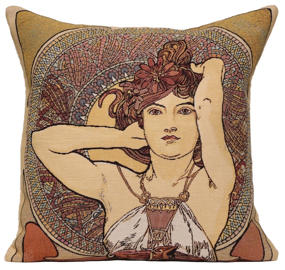Mucha 'Amethyste' Tapestry Cushion Cover: Art Nouveau Throw Pillow