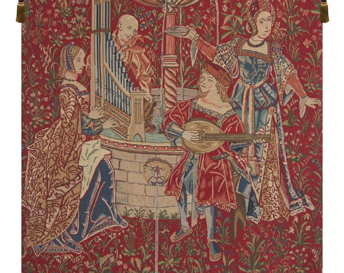 Medieval Music Scene Tapestry: Belgian Woven Millefleurs Wall Hanging