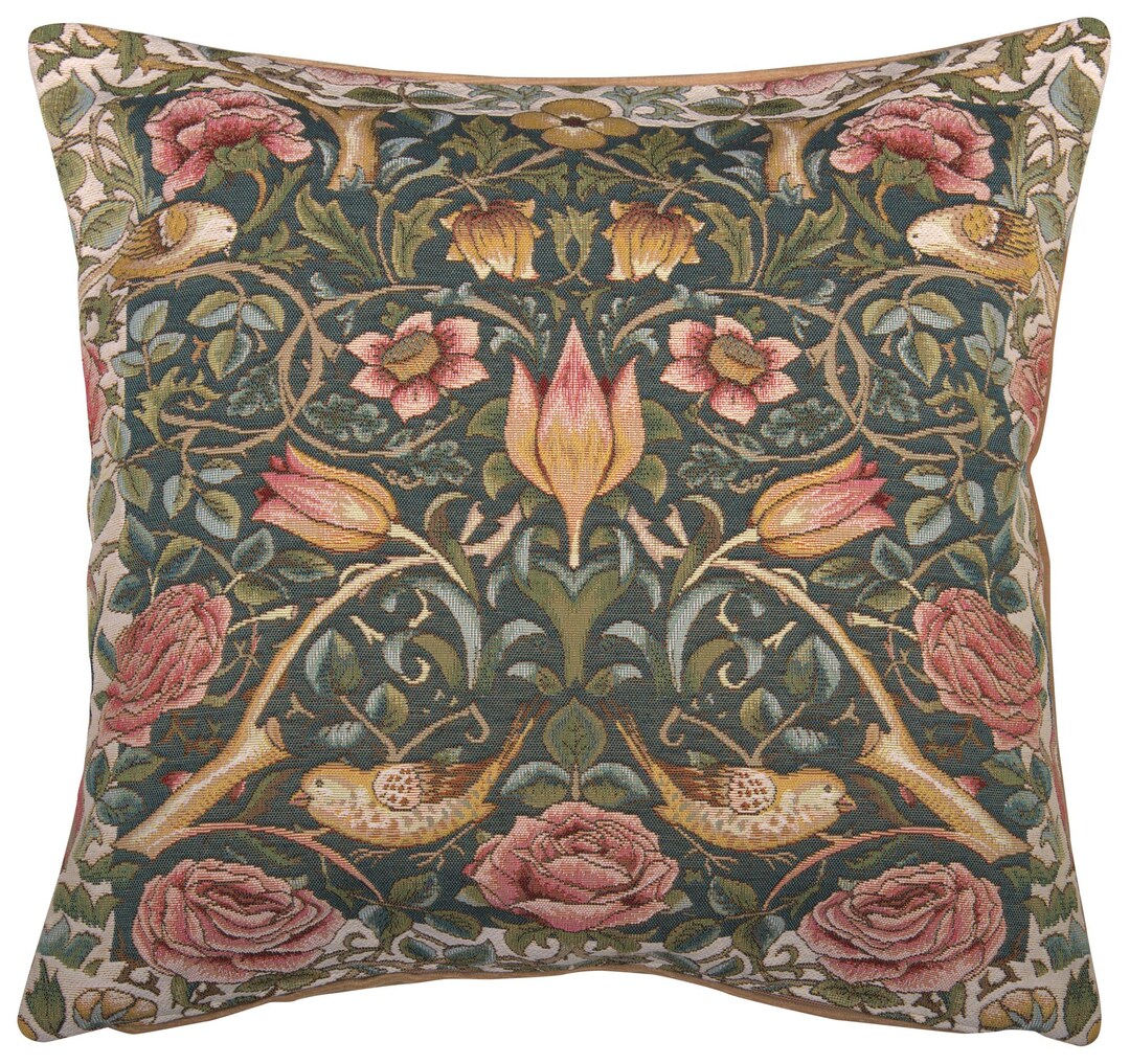 William Morris Inspired Roses and Birds Blue Cushion Cover, Handwoven