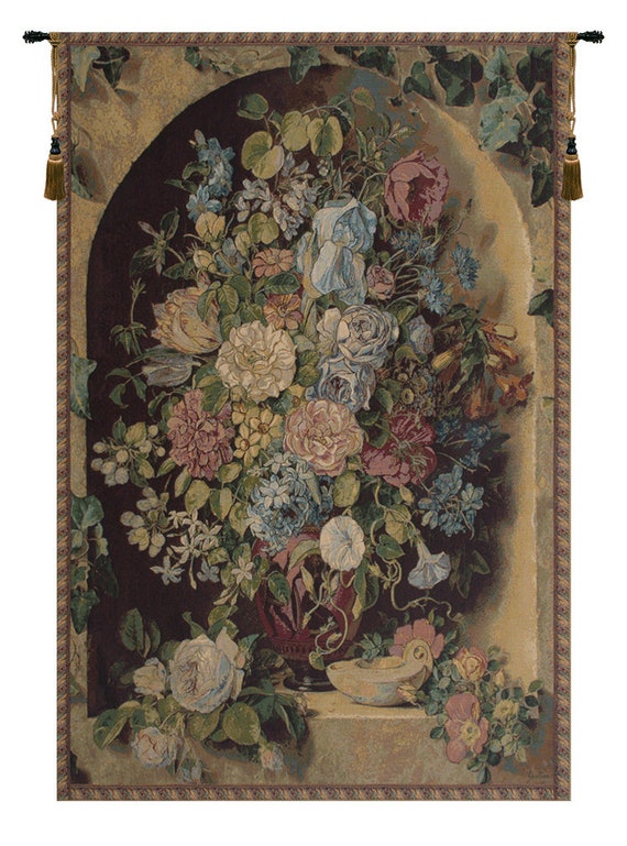 Floral Tapestry Wall Hanging: Italian Jacquard Woven Art (54x37 inch)