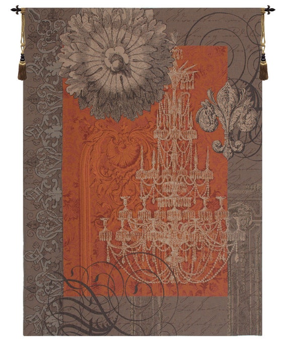 French Medieval Chandelier Wall Tapestry: Elegant Orange Floral Decor for Grand European Ambiance (58x44)