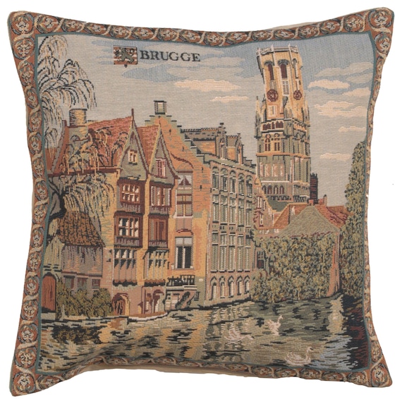 Bruges Canal Tapestry Cushion Covers - Jacquard Woven Belgian Pillow Cases 18x18  - Decorative Throw