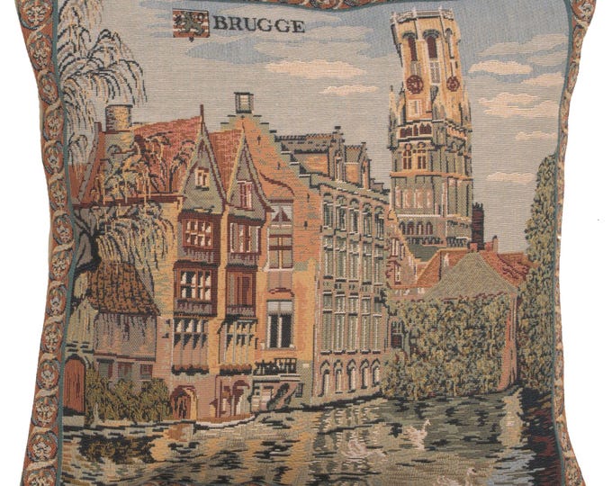 Bruges Canal Tapestry Cushion Covers - Jacquard Woven Belgian Pillow Cases 18x18  - Decorative Throw