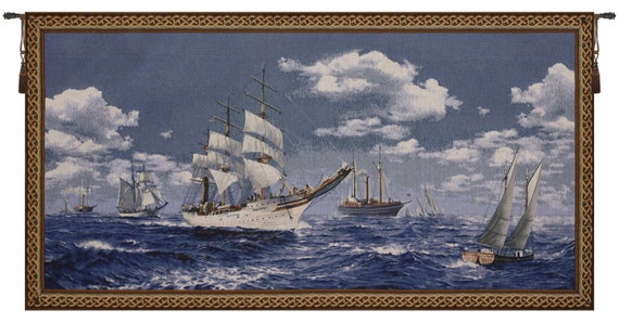 Tall Ships Tapestry: Nautical Maritime Woven Wall Art (27x52 inch)