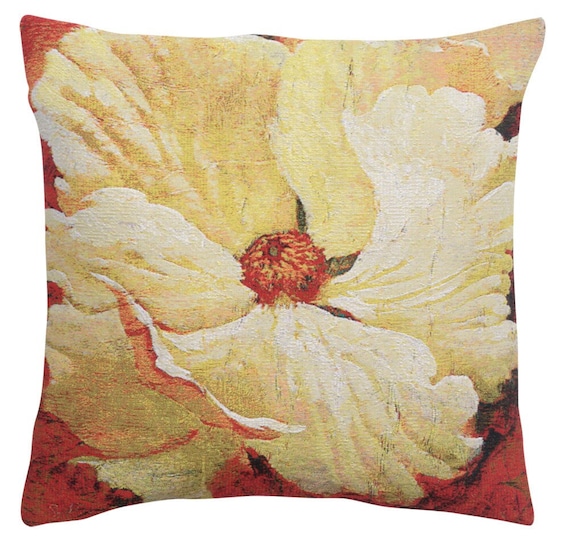 Simon Bull Belgian Tapestry Cushion Cover: White Floral Pillow (21x21 inch)