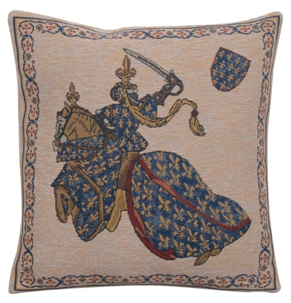 Woven Medieval Knights Tapestry Pillow Cover - Belgian Jousting Art (16x16 Inch)