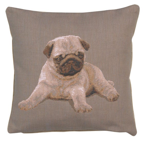 Pug Puppy Tapestry Pillow Cover: French Jacquard Woven Cotton (14x14 inch)