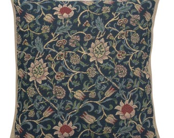 William Morris Blue Floral Tapestry Throw Pillow Cushion Cover: Jacquard Woven 16x16 inch