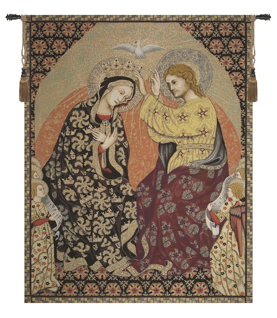 Madonna's Coronation Tapestry: Italian Woven Religious Wall Decor