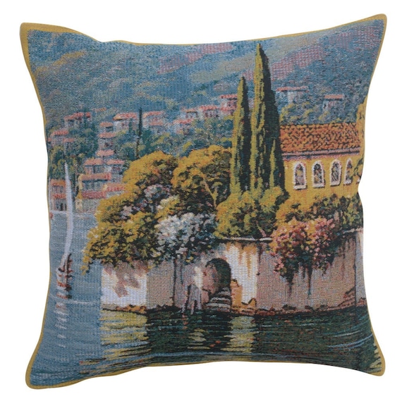 Lake Como Tapestry Pillow Cover: Varenna Village, Italian Art (17x17 inch)
