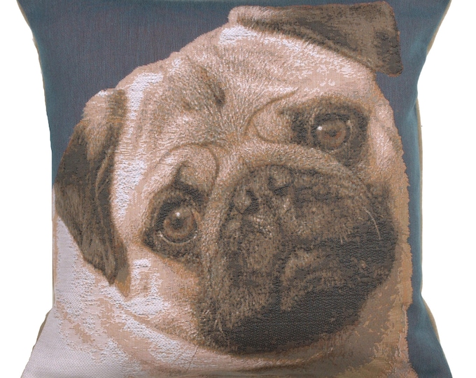 Pugs Face Blue Tapestry Cushion Cover - Decorative Throw Pillow Covers - Dogs Art Cushion Covers - 18x18 Inch Gobelin French Pillow Covers