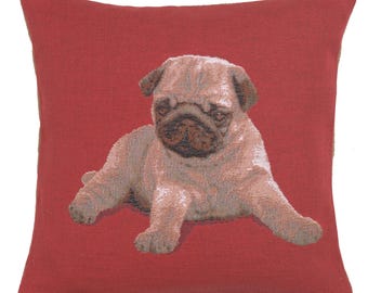 Puppy Pug Red Tapestry Cushion Cover - Decorative Red Background Pillow Cover - French Pillow Cover - 14x14 inch Animals Art Cushion Cover