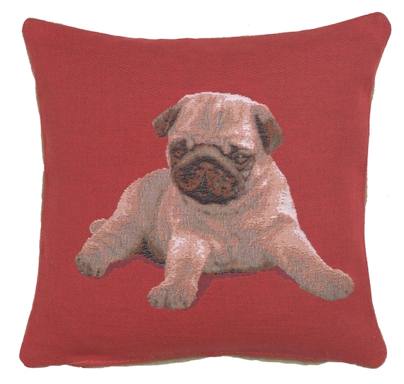 Pug Puppy Tapestry Cushion Cover: French Woven Red Dog Pillow (14x14 inch)