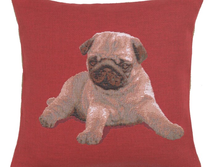 Pug Puppy Tapestry Cushion Cover: French Woven Red Dog Pillow (14x14 inch)