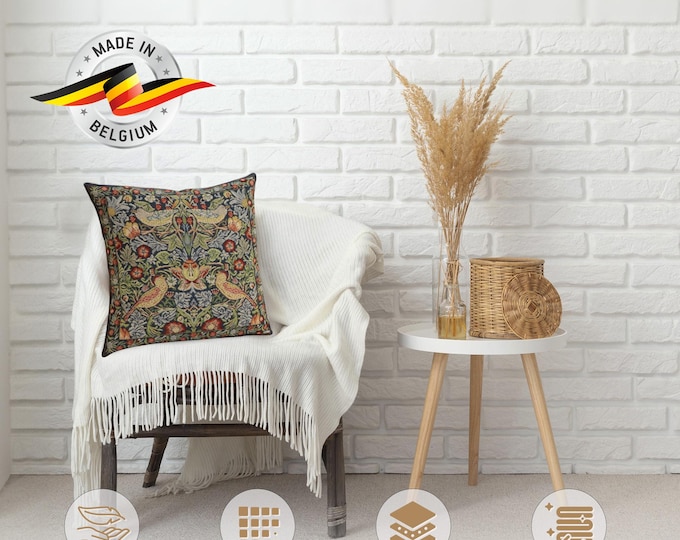 Strawberry Thief Tapestry Pillow Cover: William Morris Belgian Art, 16x16