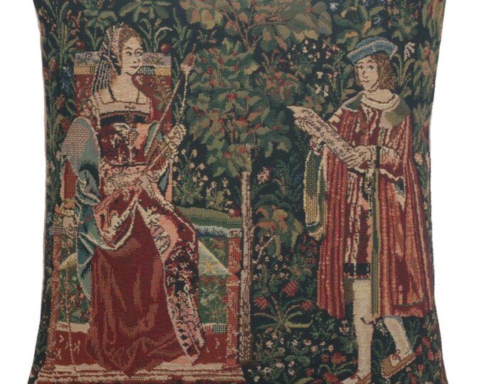 Belgian Tapestry Cushion Cover: Medieval Reading Scene (16x16 Inch)